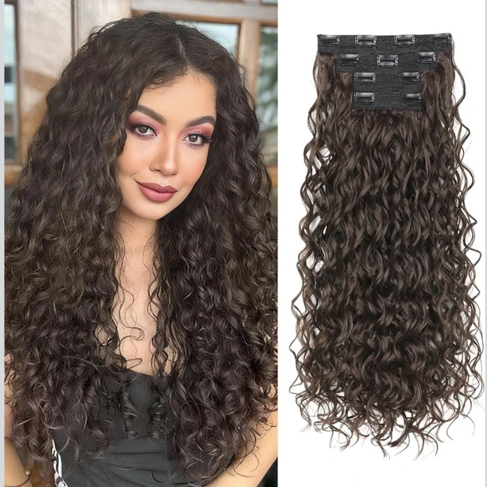 REECHO 24 Inch Curly Clip In Hair Extensions 4PCS Chocolate Brown 6/8# 180g